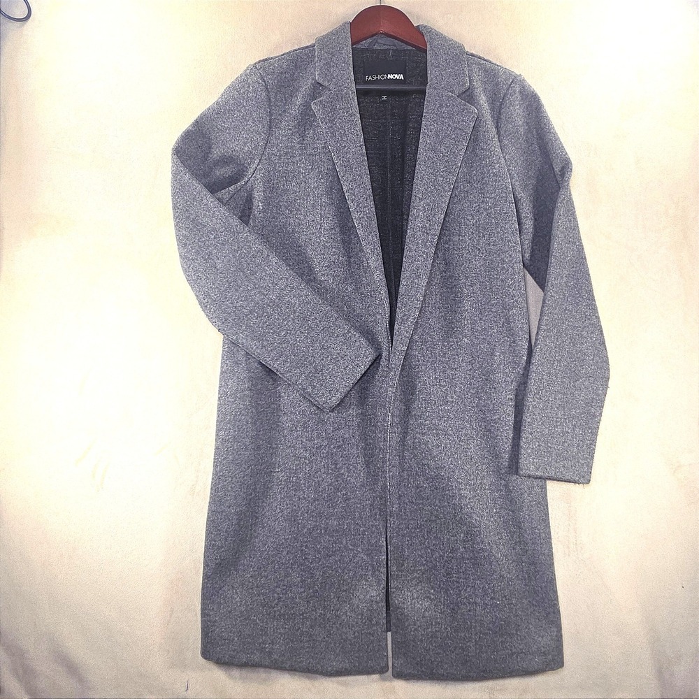Fashion Nova Womens Gray Open Front Longline Coat Notched Lapel Size M